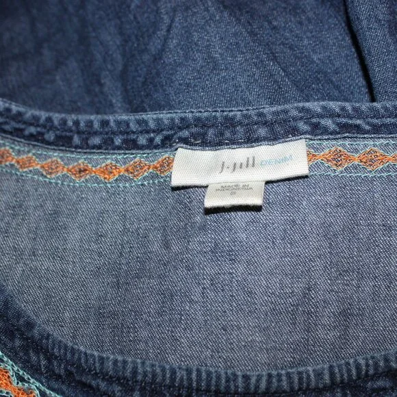J Jill Denim Jumper Dress Frayed Hem Embroidery Size Small - Picture 7 of 7